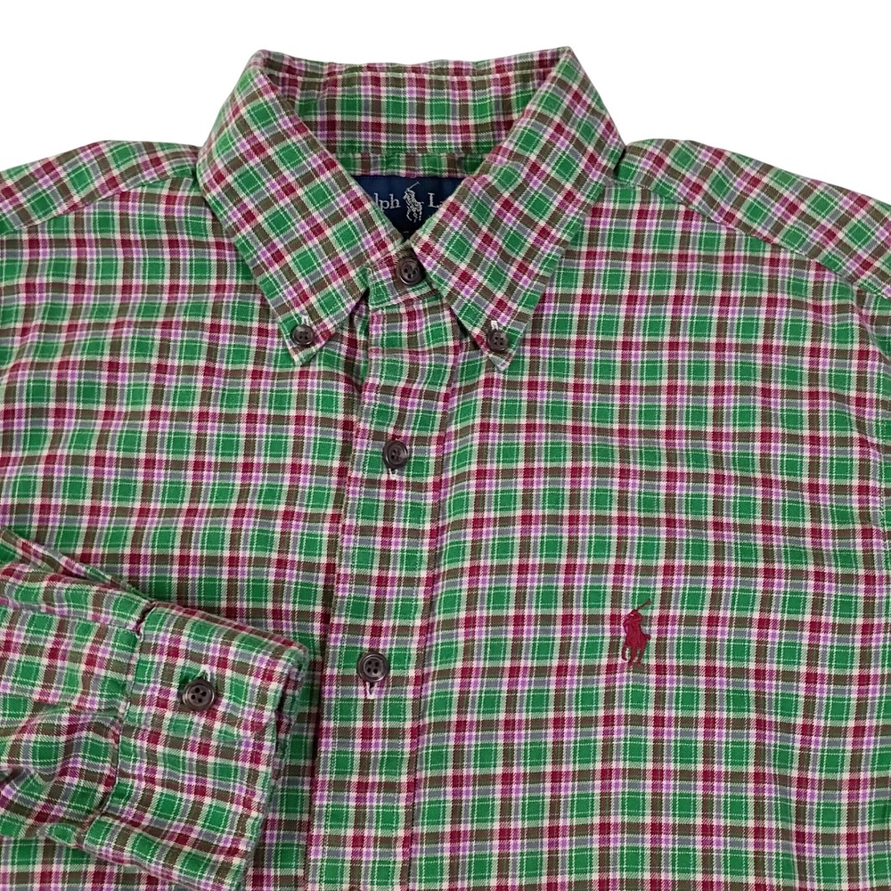 Ralph Lauren Mens Classic Fit Plaid Button Down Shirt Green Red‎ Pink Medium